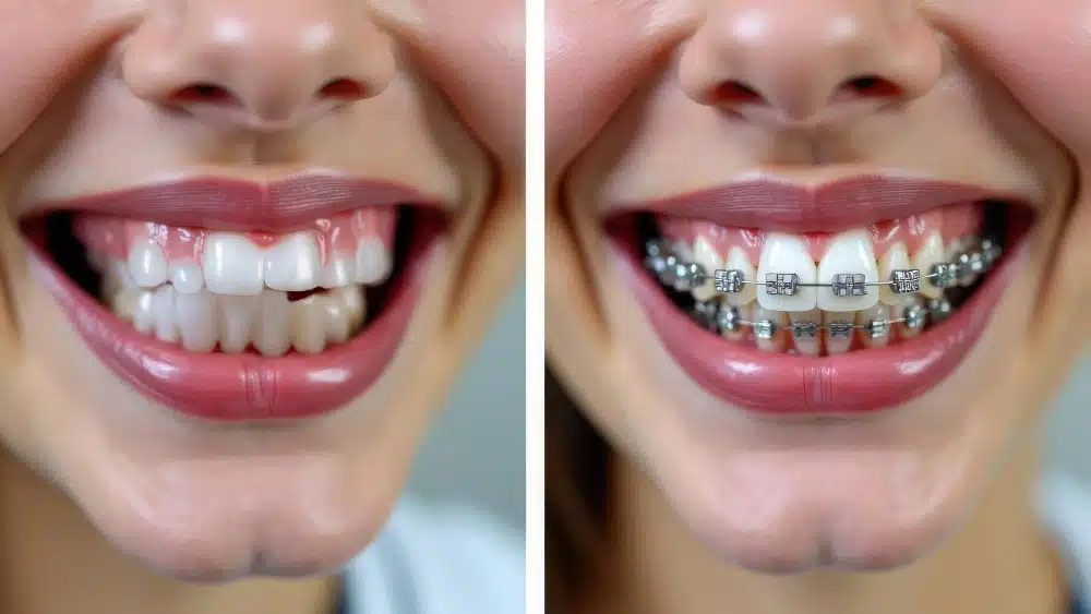 Close-up of a smiling woman showing her teeth, with a comparison of her smile before and after braces, highlighting the transformation in dental alignment relevant to orthodontic options and costs at Hastings Dental Center in Vancouver.