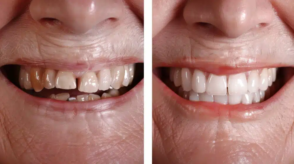 Before and after images of a smiling person showing dental transformation with dental implants, highlighting improved smile aesthetics and oral health.