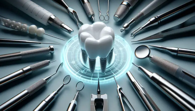 Dental implant surgical tools arranged around a 3D tooth model, illustrating dental health services at Hastings Dental Center.
