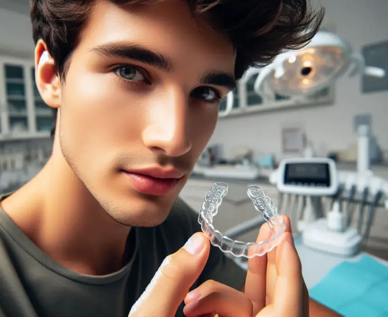 Young man holding clear Invisalign aligner in dental office, showcasing orthodontic treatment options for a straighter smile at Hastings Dental Center.