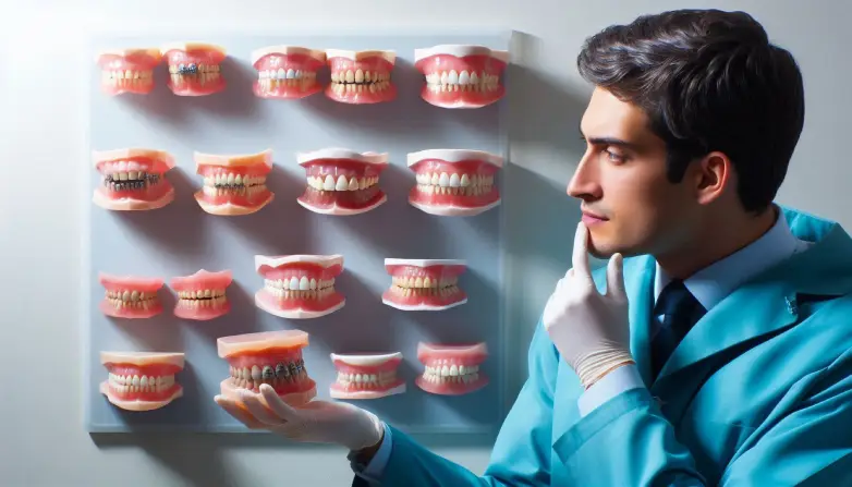 Dentist examining denture options displayed on a wall, showcasing various dental prosthetics for patient decision-making.
