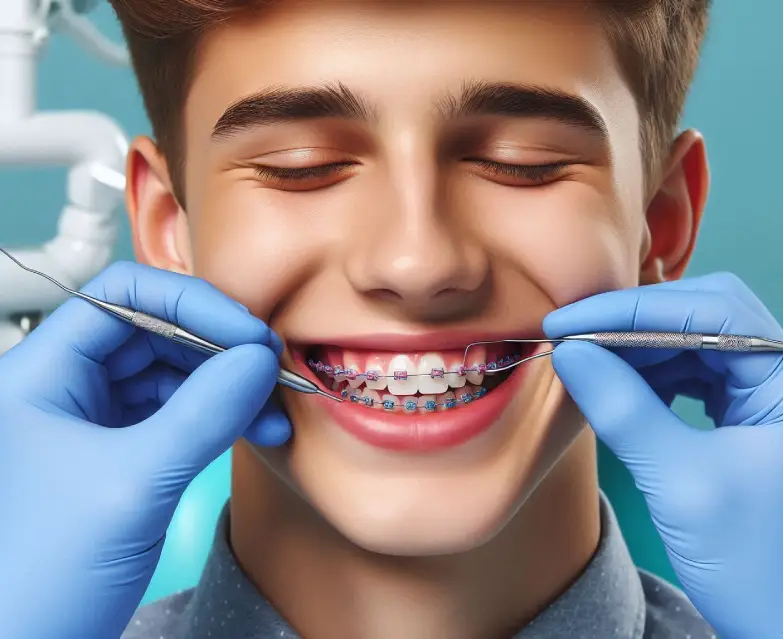 Young patient smiling with braces during orthodontic treatment at Hastings Dental Center, showcasing dental care and alignment services in Vancouver.