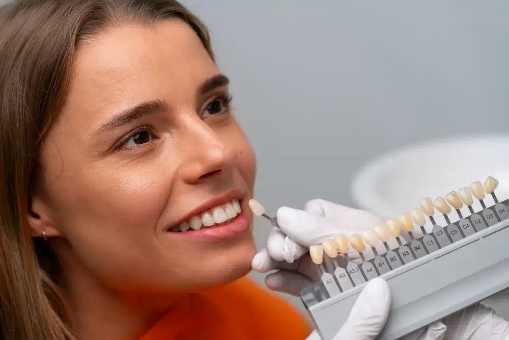 Woman smiling while a dental professional holds a shade guide for porcelain veneers, showcasing options for enhancing dental aesthetics at Hastings Dental Center.