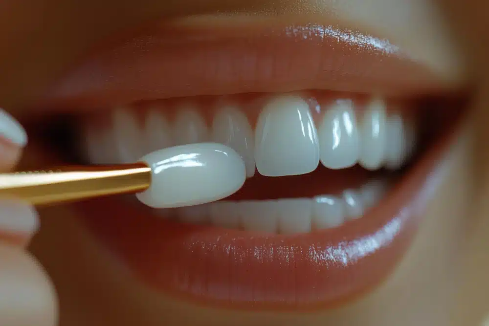 Close-up of a person’s mouth with bright, white teeth, as a dental professional applies porcelain veneer using a small brush, highlighting cosmetic dentistry at Hastings Dental Center.