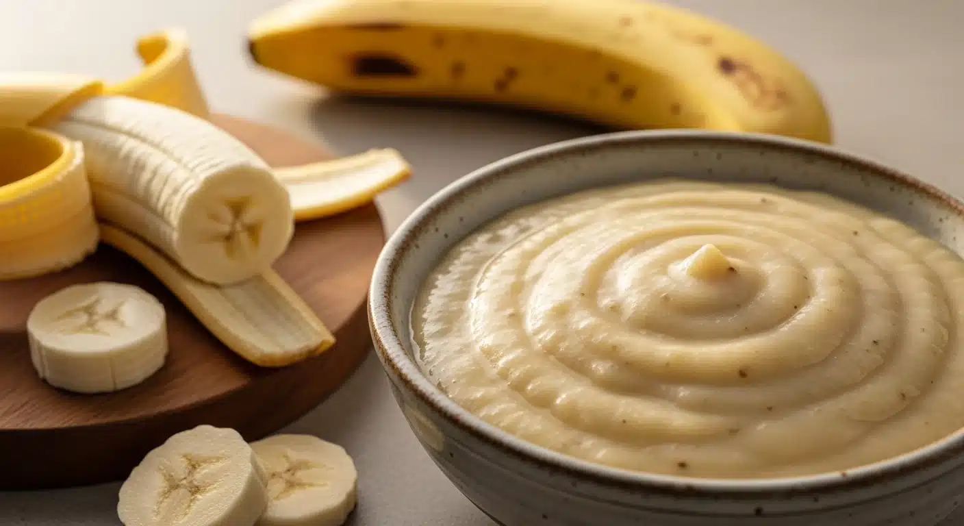 Banana puree in a bowl with sliced bananas and banana peels, representing soft food options for recovery after tooth extraction.