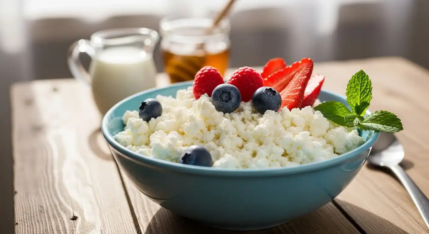 Bowl of cottage cheese topped with fresh strawberries, raspberries, and blueberries, with a sprig of mint, on a wooden table, representing soft food options for post-tooth extraction recovery.