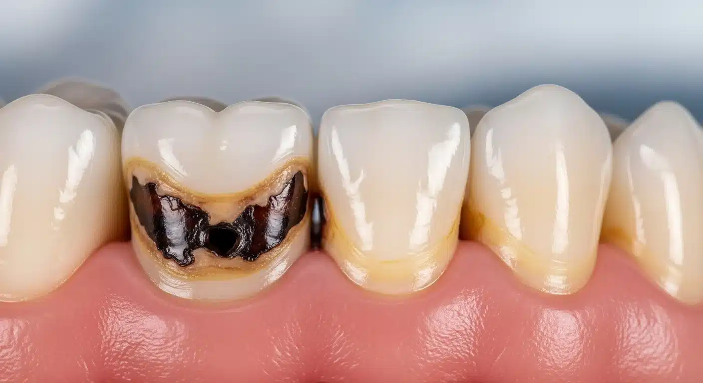 Close-up of a tooth showing significant decay and discoloration, highlighting the effects of tooth decay relevant to dental health education and treatment options.