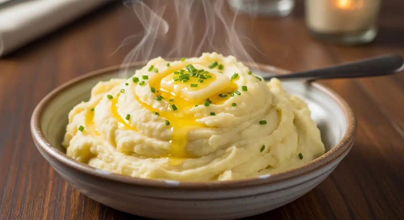 Bowl of creamy mashed potatoes topped with butter and chives, ideal soft food option for post-tooth extraction recovery.