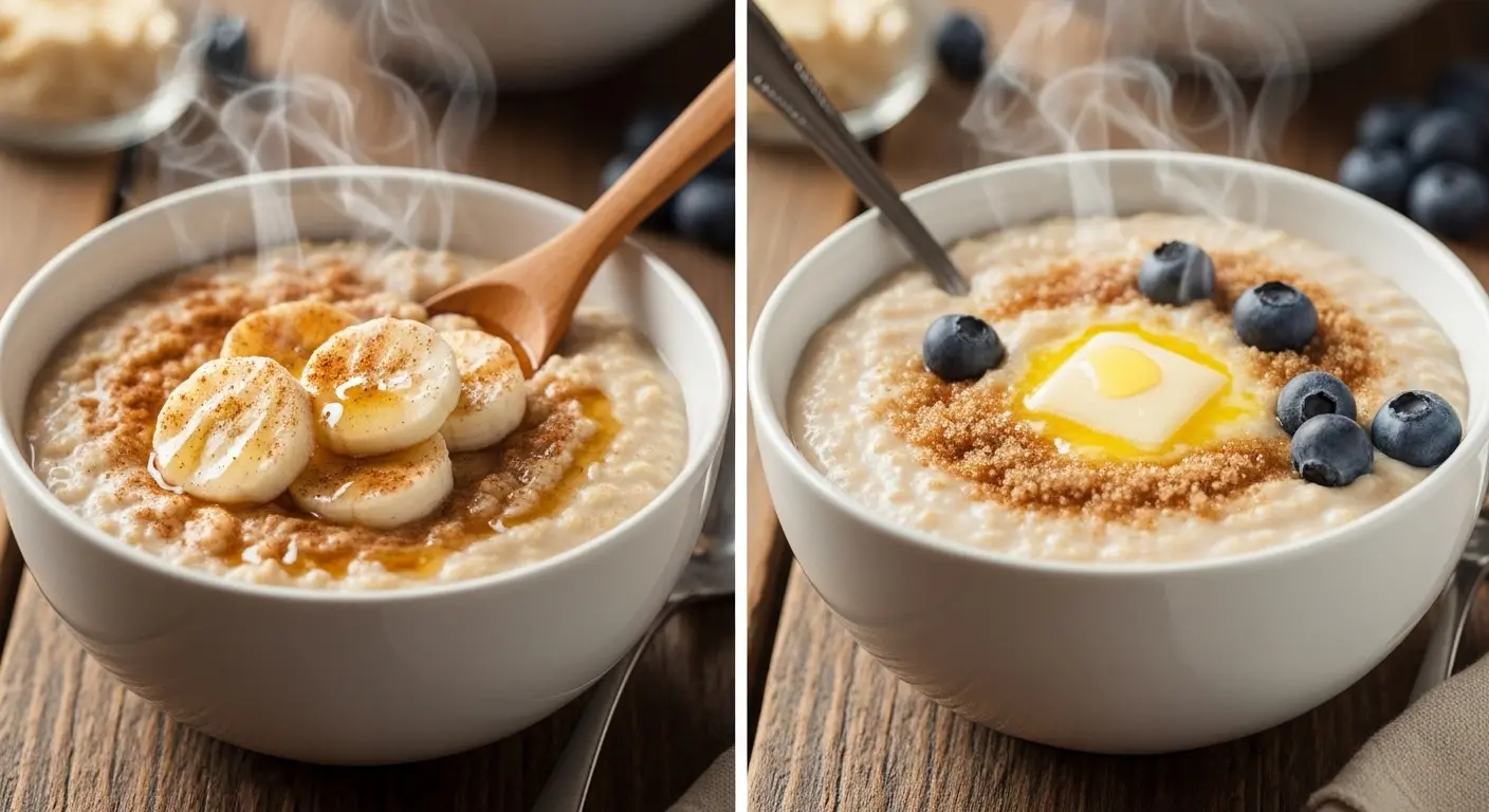 Bowl of warm oatmeal topped with banana slices and brown sugar on one side, and butter and blueberries on the other, representing soft food options for recovery after tooth extraction.