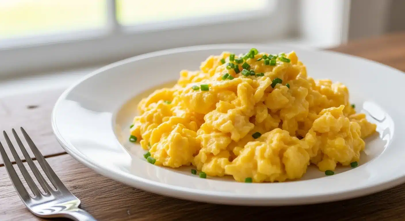 Scrambled eggs garnished with chives on a white plate, suitable soft food option for post-tooth extraction recovery.