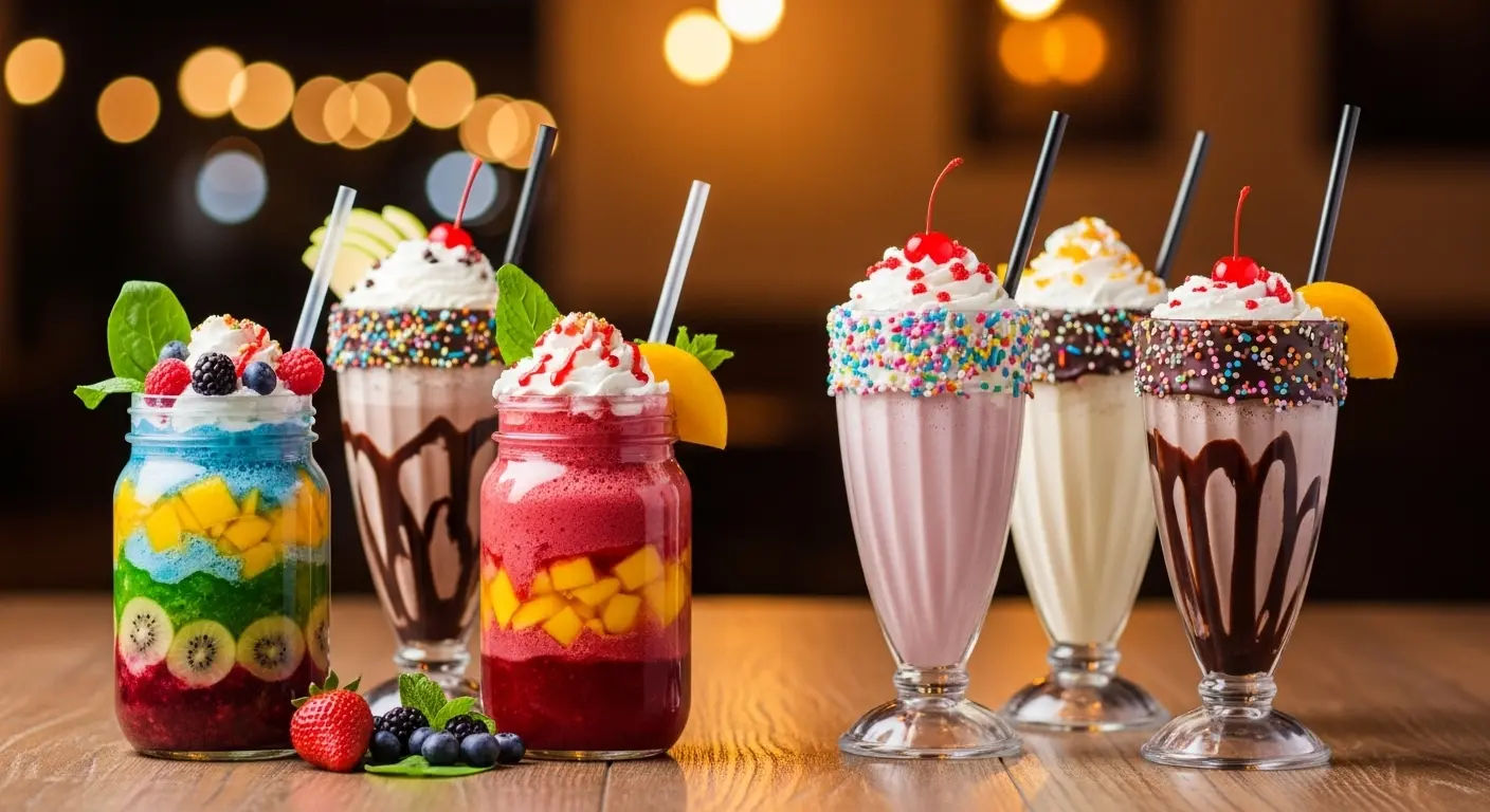 Colorful smoothies and milkshakes in jars and glasses, featuring whipped cream, fruit garnishes, and sprinkles, ideal for soft food options during dental recovery.