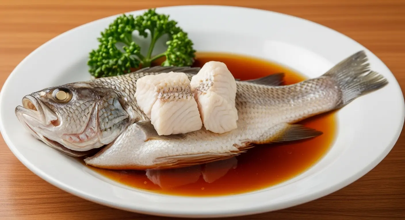 Steamed white fish garnished with parsley, served on a plate with a light sauce, suitable soft food option for post-tooth extraction recovery.