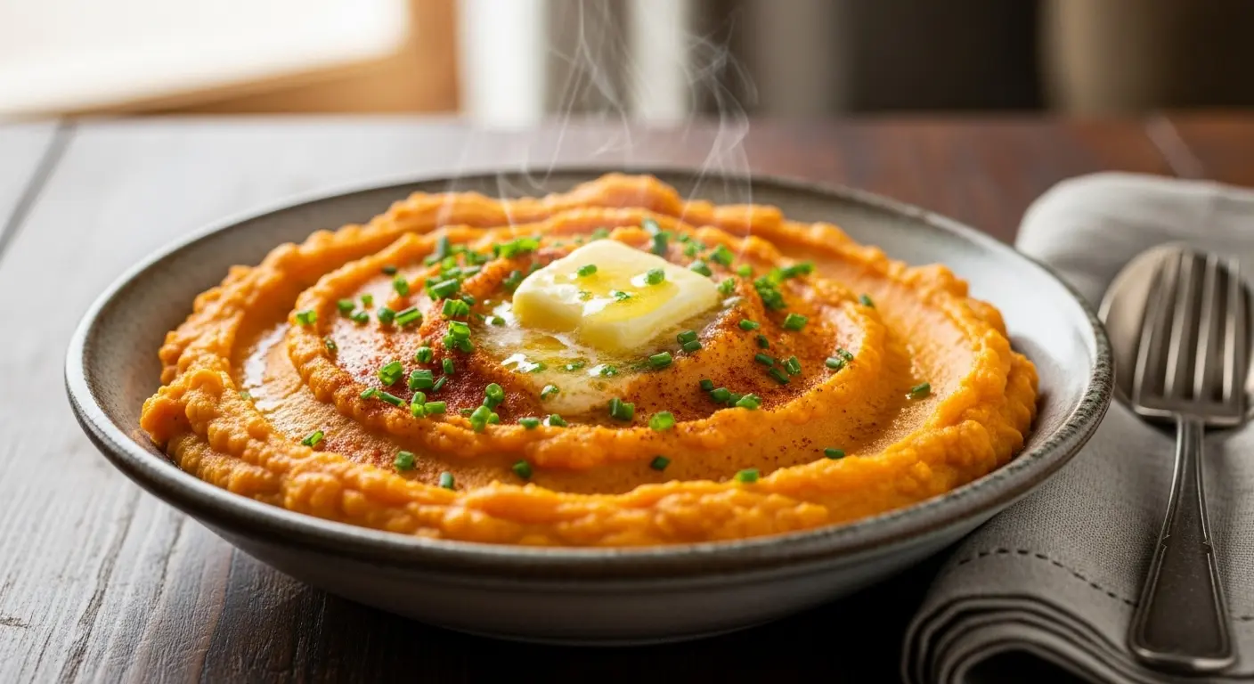 Bowl of creamy sweet potato mash topped with butter and chives, ideal soft food option for post-tooth extraction recovery.