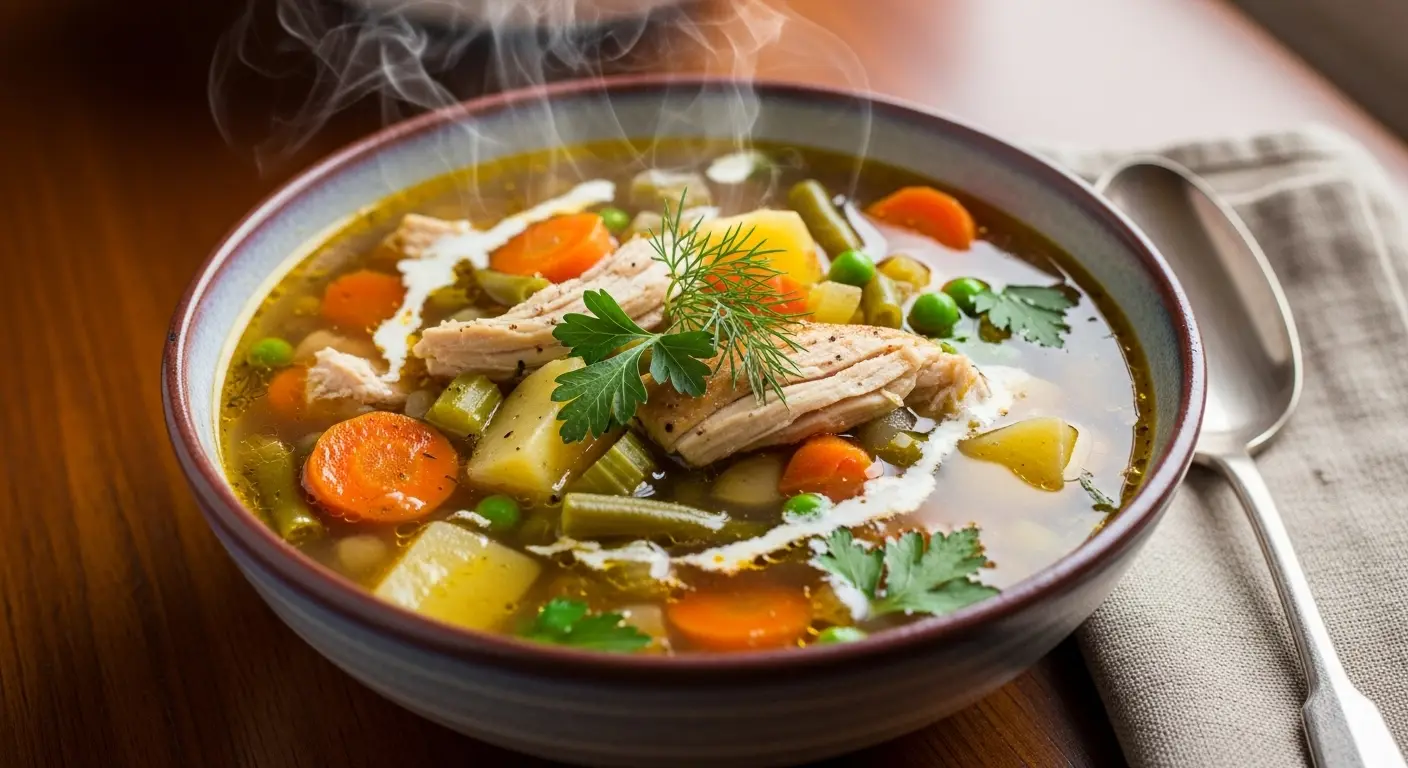 Bowl of warm chicken and vegetable soup with carrots, peas, and herbs, ideal for post-tooth extraction recovery.
