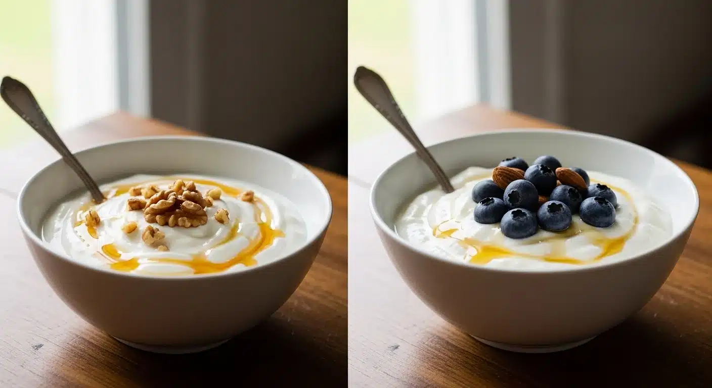 Bowl of yogurt topped with walnuts and honey on one side, and yogurt topped with blueberries and almonds on the other, representing nutritious soft food options for post-tooth extraction recovery.