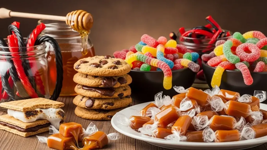 Assorted candies, cookies, and sweets including chocolate chip cookies, gummy worms, licorice, caramel candies, and honey, highlighting foods to avoid after dental veneers for maintaining appearance and longevity.