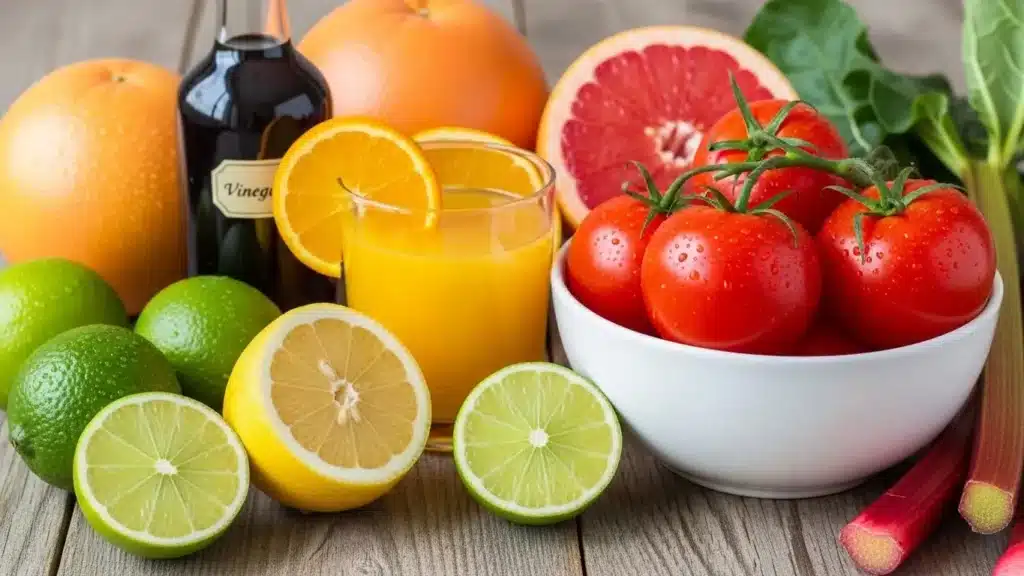 Colorful assortment of citrus fruits, tomatoes, and a bottle of vinegar, emphasizing dietary choices to protect dental veneers.