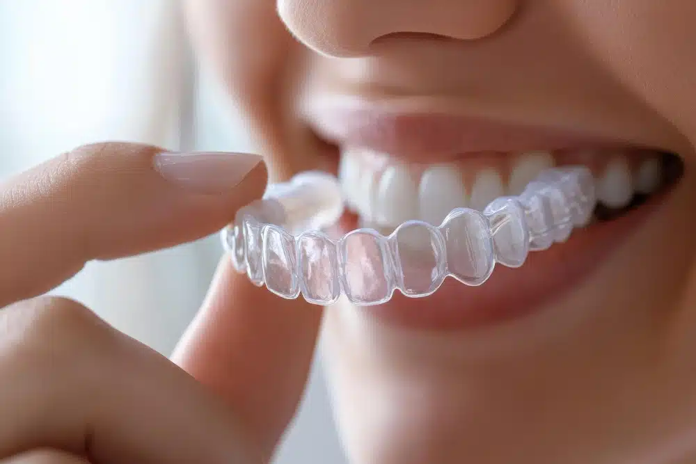 Person holding clear Invisalign aligner near smile, illustrating orthodontic treatment option compared to traditional braces at Hastings Dental Center.